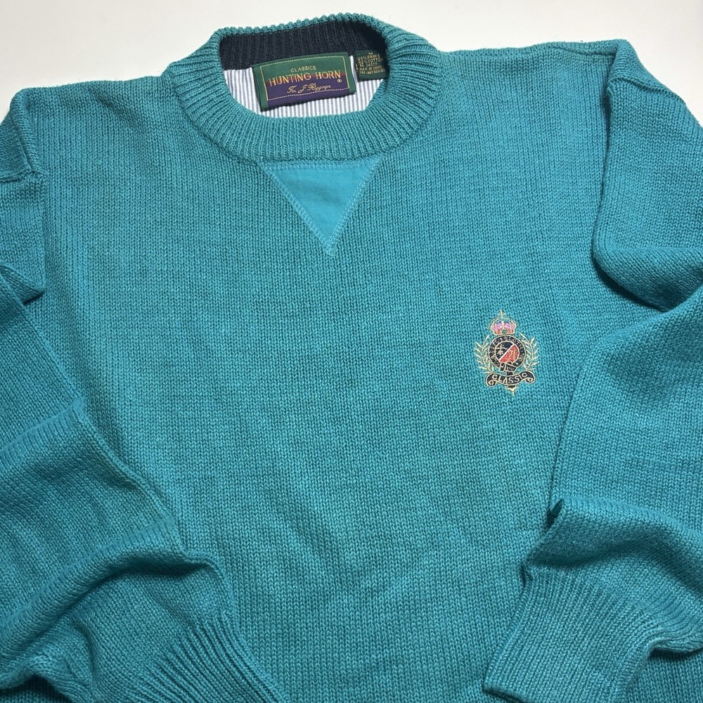Vintage Hunting Horn J Riggings Men's M Classic Teal Blue Knit Crew Neck Sweater